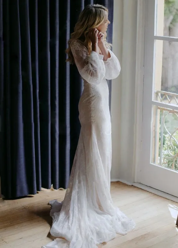 Long Lartern Sleeve Mermaid V-Neck Backless Lace Bohemian Wedding Dresses sold by KissProm