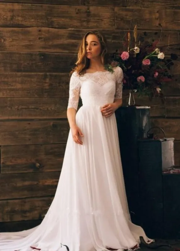 Elegant Lace Appliques Half Sleeves Chiffon Backless Boho Wedding Gowns sold by KissProm