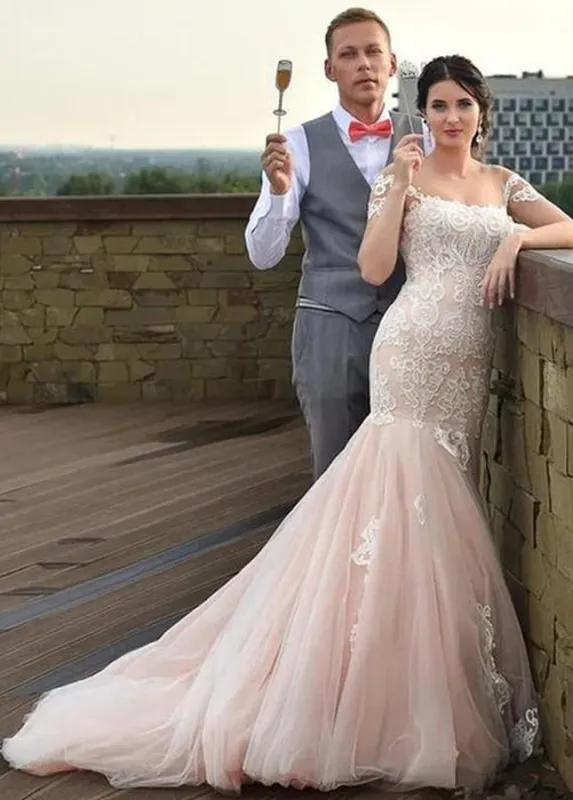 Gorgeous Mermaid Appliqued Lace Tulle Bridal Gowns With Lace-up Back sold by KissProm