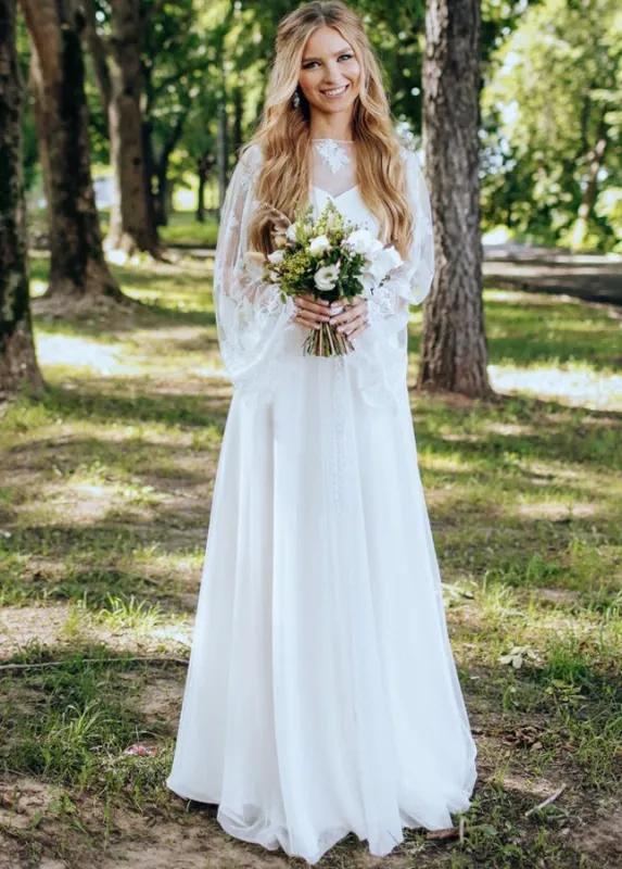 Chic Long Flare Sleeves Tulle Floor Length Lace Country White Wedding Gowns sold by KissProm