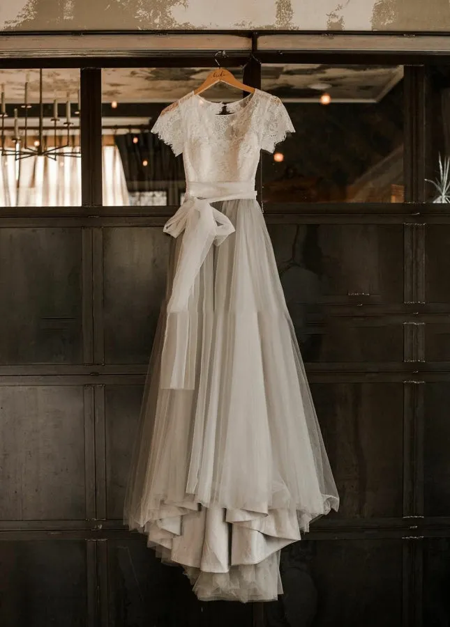 Modest Tulle Lace Short Sleeves Backless A-Line Bridal Gown with Sash sold by KissProm product image thumbnail 2