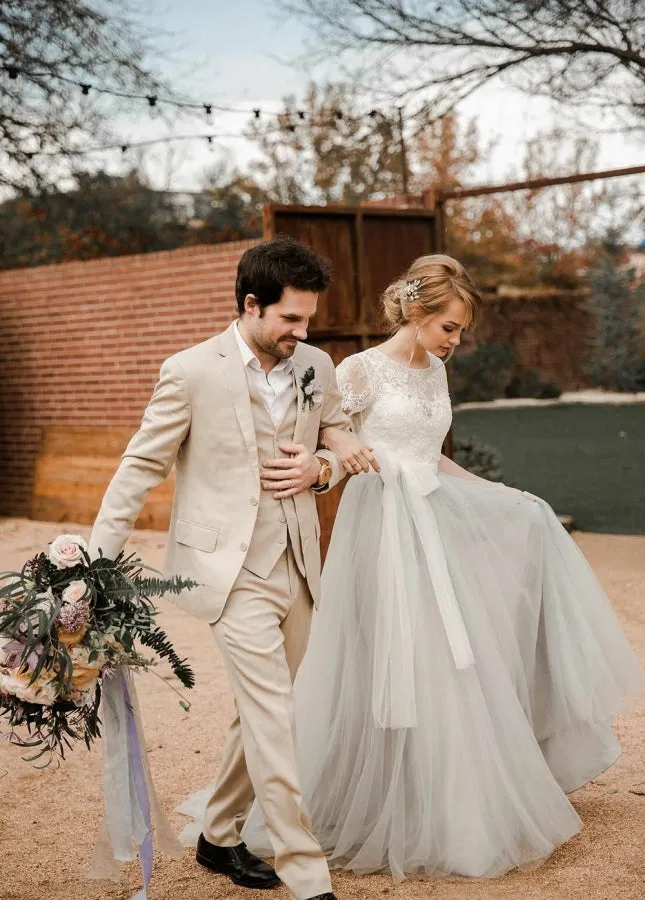 Modest Tulle Lace Short Sleeves Backless A-Line Bridal Gown with Sash sold by KissProm product image thumbnail 3