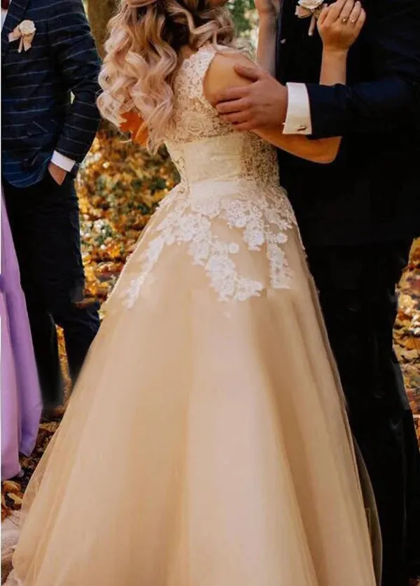 Champagne Corset Lace Appliques Tulle Wedding Dresses Floor Length Without Train sold by KissProm product image thumbnail 3