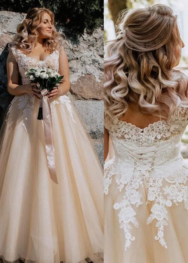 Champagne Corset Lace Appliques Tulle Wedding Dresses Floor Length Without Train sold by KissProm