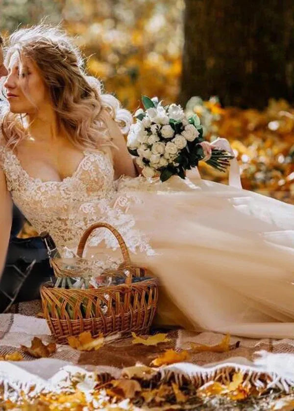 Champagne Corset Lace Appliques Tulle Wedding Dresses Floor Length Without Train sold by KissProm product image thumbnail 2