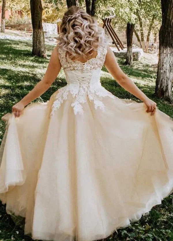 Champagne Corset Lace Appliques Tulle Wedding Dresses Floor Length Without Train sold by KissProm product image thumbnail 4