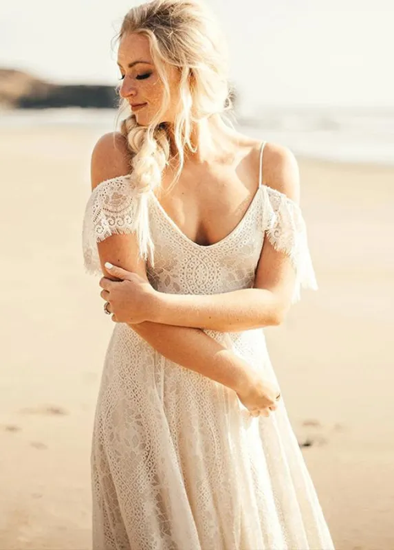 Boho Spaghetti Straps Sleeveless A Line Lace Wedding Dresses sold by KissProm