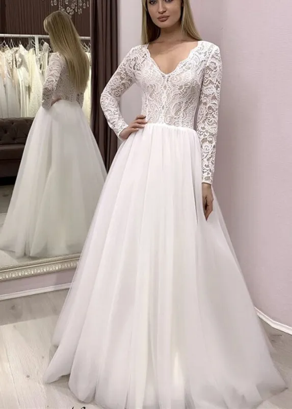 Bohemian Long Sleeves Lace Button Back A Line Modest Wedding Dresses sold by KissProm