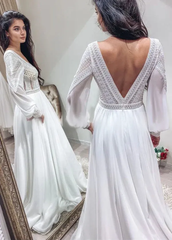 Bohemian Chiffon Backless A-Line Lace Long Sleeves Backless Wedding Dresses sold by KissProm product image thumbnail 4