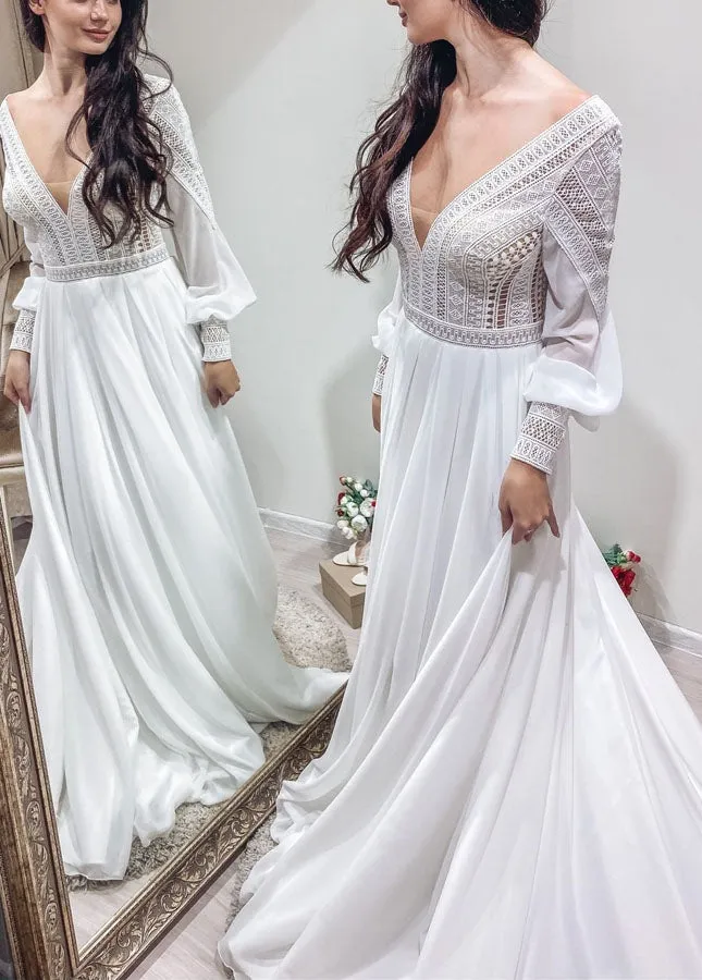 Bohemian Chiffon Backless A-Line Lace Long Sleeves Backless Wedding Dresses sold by KissProm product image thumbnail 3