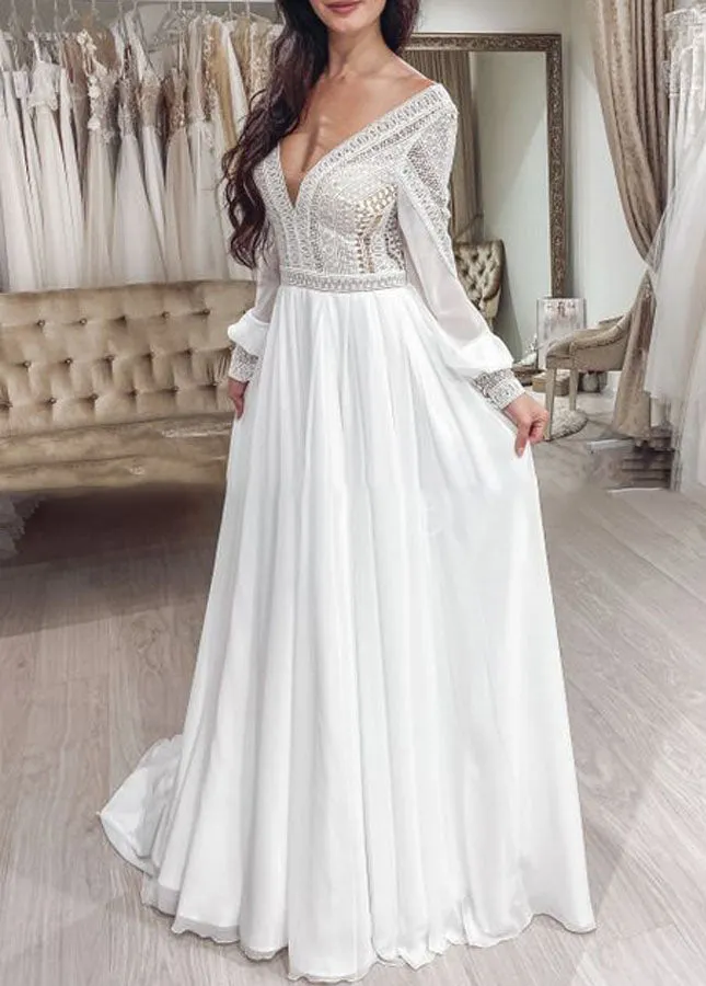 Bohemian Chiffon Backless A-Line Lace Long Sleeves Backless Wedding Dresses sold by KissProm
