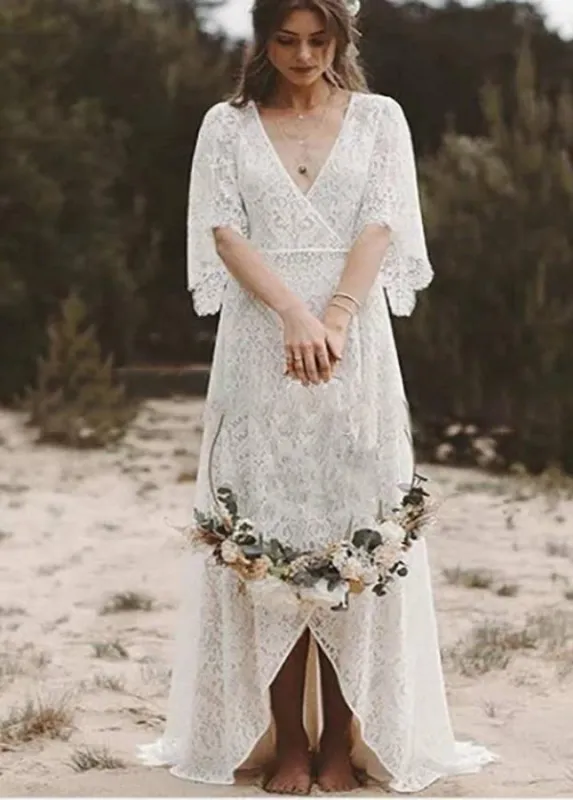 Bohemian Lace Deep V Neck Half Sleeves A Line Beach Wedding Dresses sold by KissProm