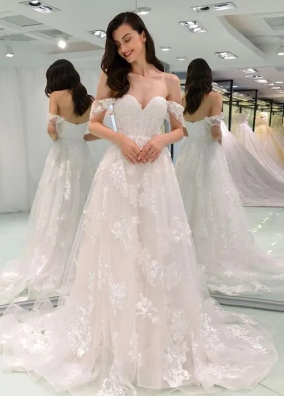 A-line Off-the-shoulder Wedding Dresses Lace Tulle Skirt sold by KissProm