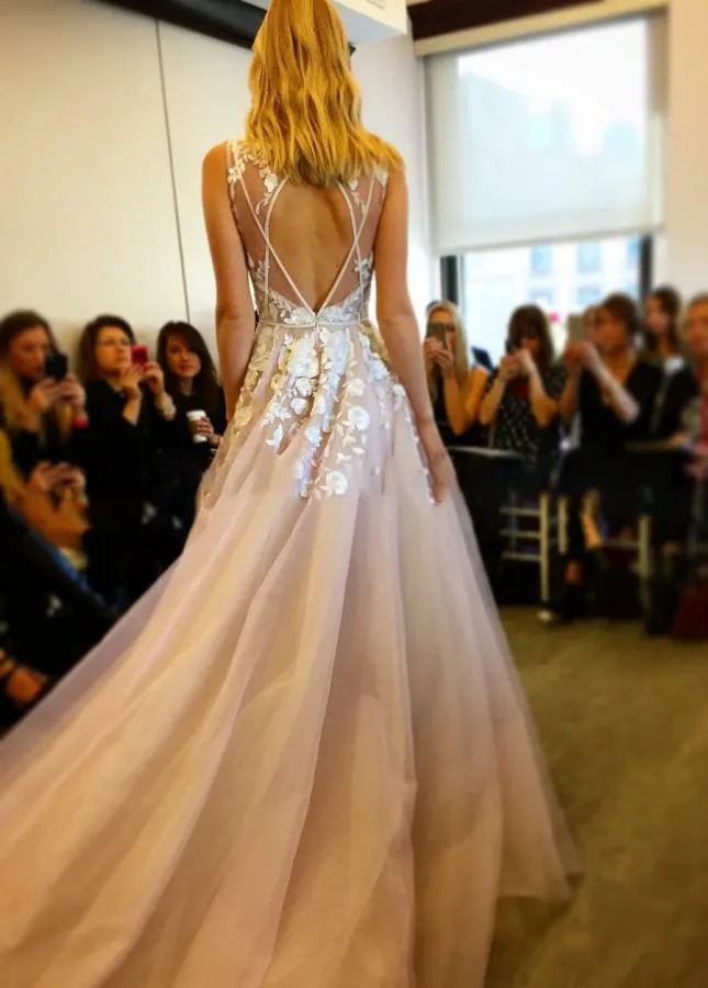 A-line Floral Lace V-neckline Wedding Dresses with Sweep-Train sold by KissProm product image thumbnail 3