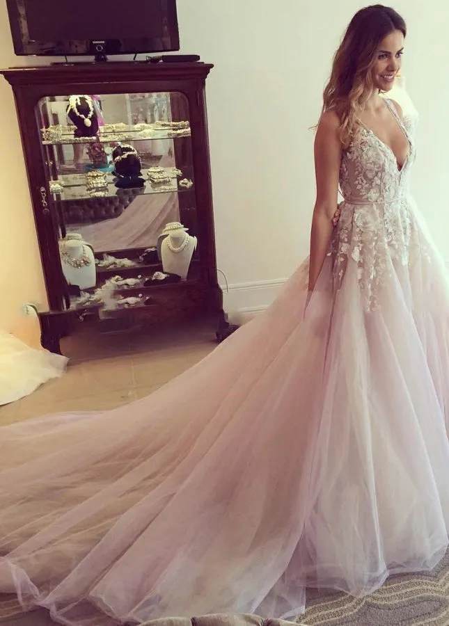 A-line Floral Lace V-neckline Wedding Dresses with Sweep-Train sold by KissProm product image thumbnail 2