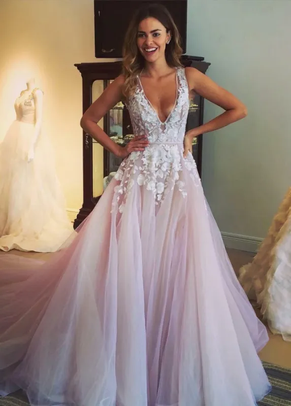 A-line Floral Lace V-neckline Wedding Dresses with Sweep-Train sold by KissProm