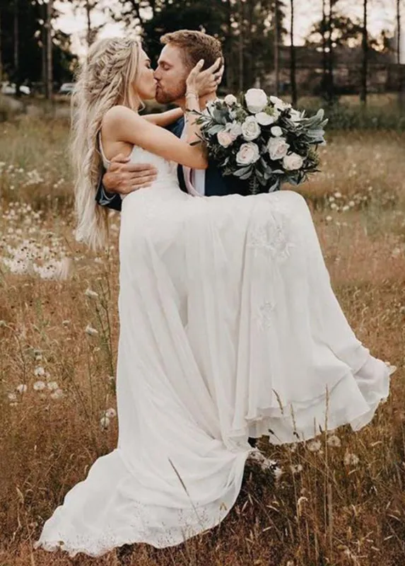 A Line V Neck Long Wedding Dresses Lace Chiffon Bohemian Bridal Gown sold by KissProm