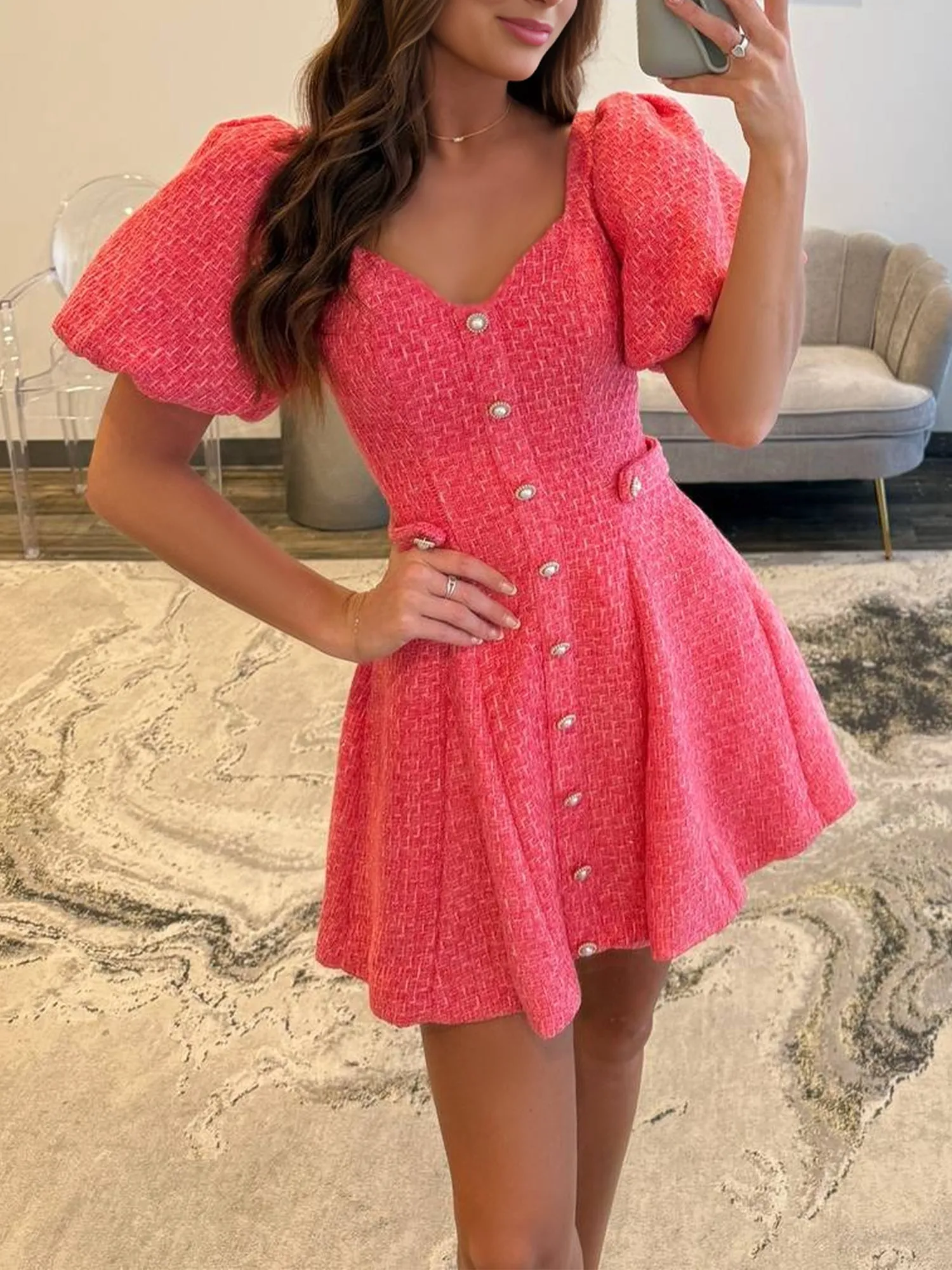 Idony | Coral - A Line V Neck Textured Tweed Homecoming Dresses with Puffed Sleeves sold by KissProm