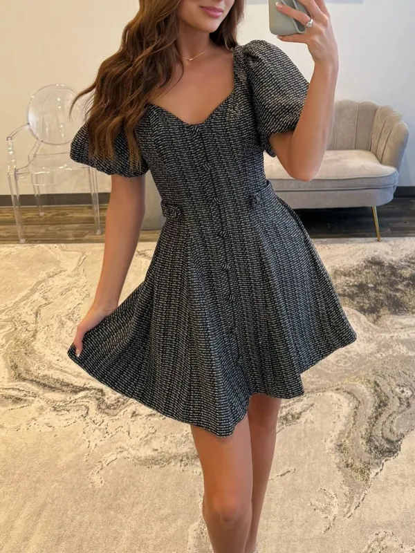 Idony | Black - A Line V Neck Textured Tweed Homecoming Dresses with Puffed Sleeves sold by KissProm