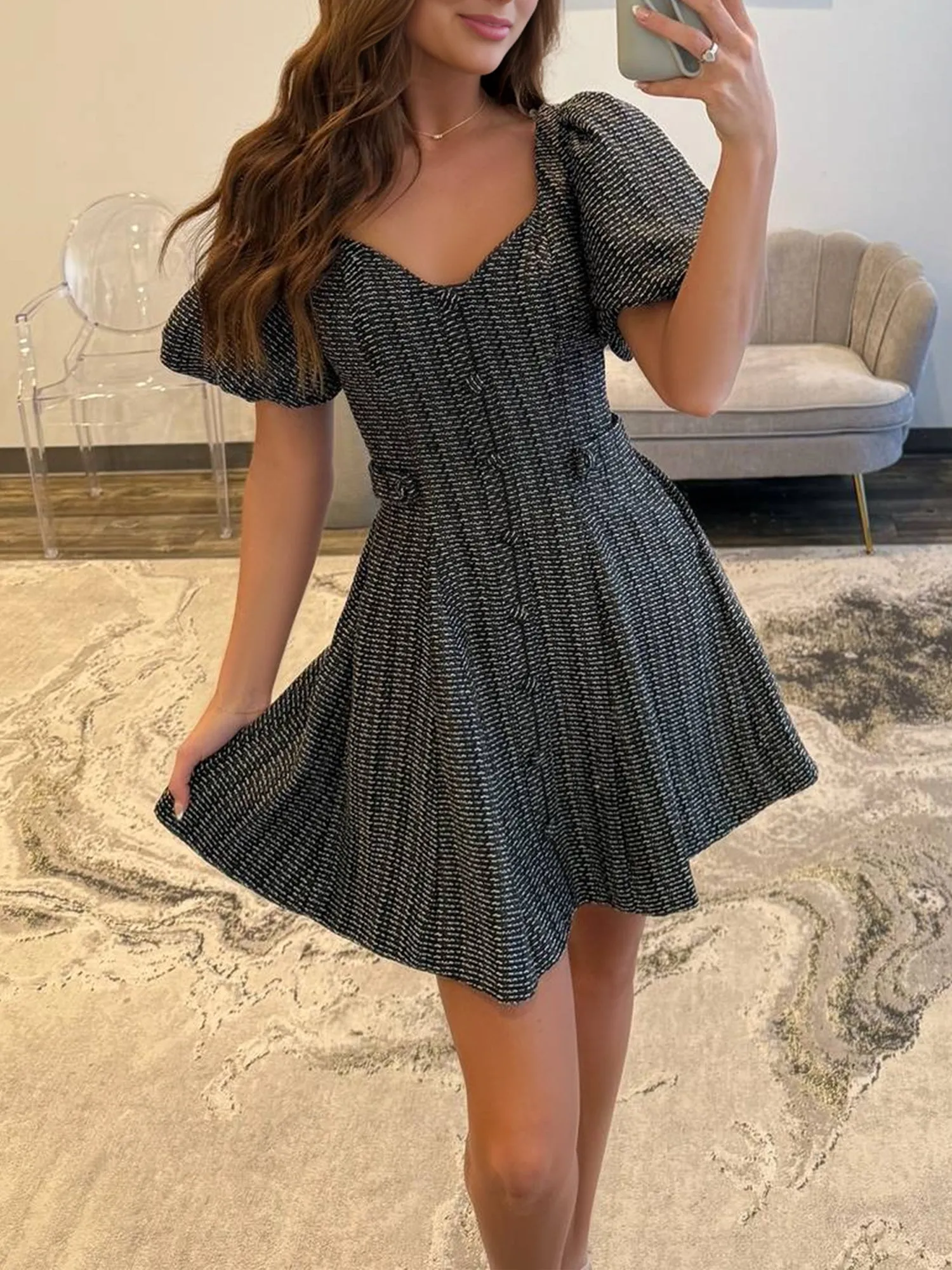 Idony | Black - A Line V Neck Textured Tweed Homecoming Dresses with Puffed Sleeves sold by KissProm