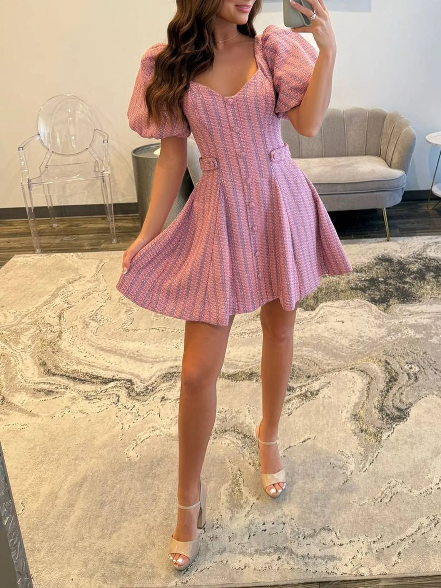 Idony | Pink - A Line V Neck Textured Tweed Homecoming Dresses with Puffed Sleeves sold by KissProm