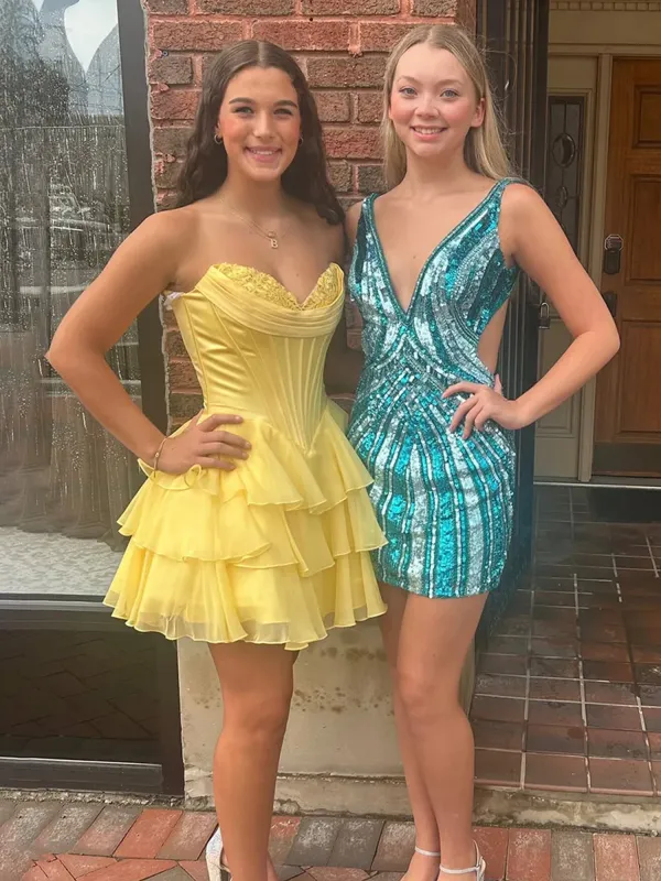 Olyssia | Yellow - A-Line Sweetheart Corset Ruffle Homecoming & Cocktail Dresses With Applique sold by KissProm