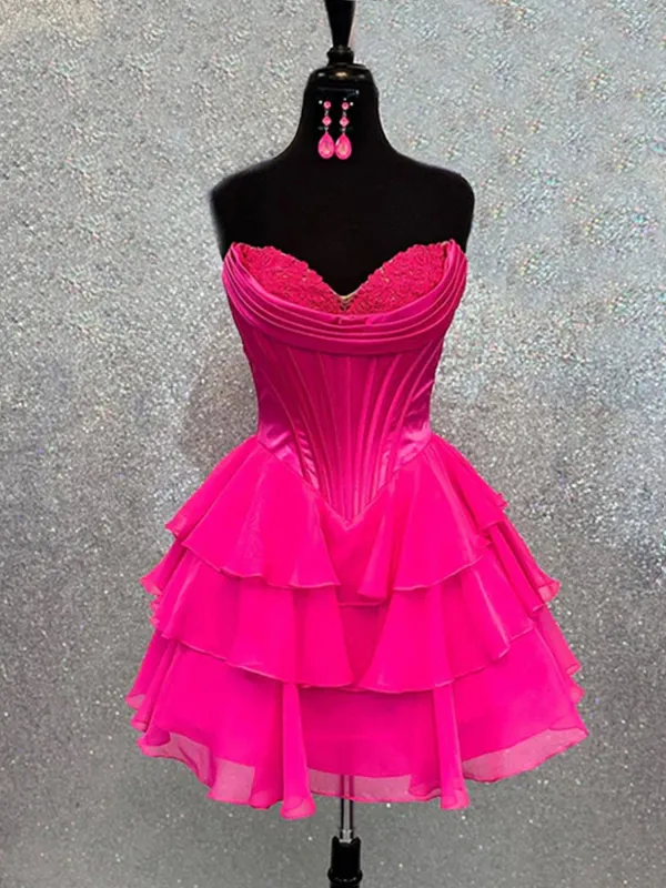 Olyssia | Fuchsia - A-Line Sweetheart Corset Ruffle Homecoming Dress With Applique sold by KissProm