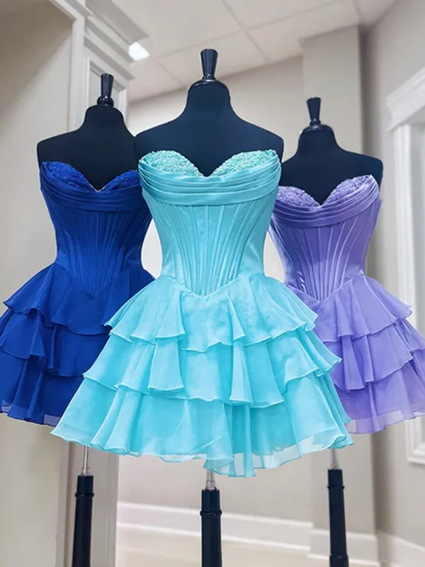 Olyssia | Blue - A-Line Sweetheart Corset Ruffle Homecoming & Cocktail Dresses With Applique sold by KissProm