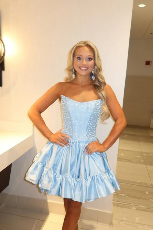 Eirianwen | Sky Blue - Strapless A Line Satin Ruffles Homecoming Dresses With Pearls sold by KissProm