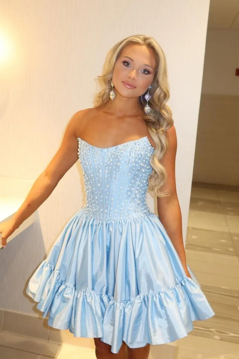 Eirianwen | Sky Blue - Strapless A Line Satin Ruffles Homecoming Dresses With Pearls sold by KissProm product image thumbnail 2