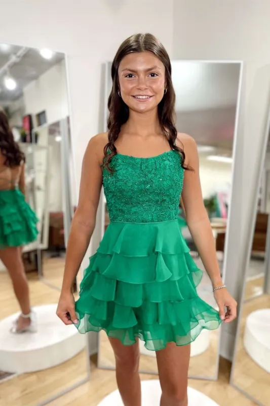 Ivalisse | Green - Spaghetti Straps A Line Chiffon Ruffles Homecoming Dresses With Appliques sold by KissProm