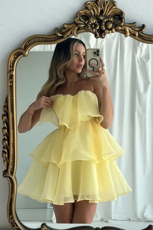 Luceris | Yellow - Strapless Chiffon Ruffles A Line Short Homecoming Dresses sold by KissProm