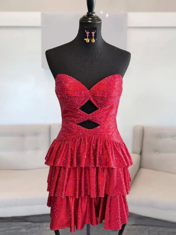 Cindra | Red - A Line Sweetheart Satin Cut Out Ruffled Homecoming Dress with Beads sold by KissProm