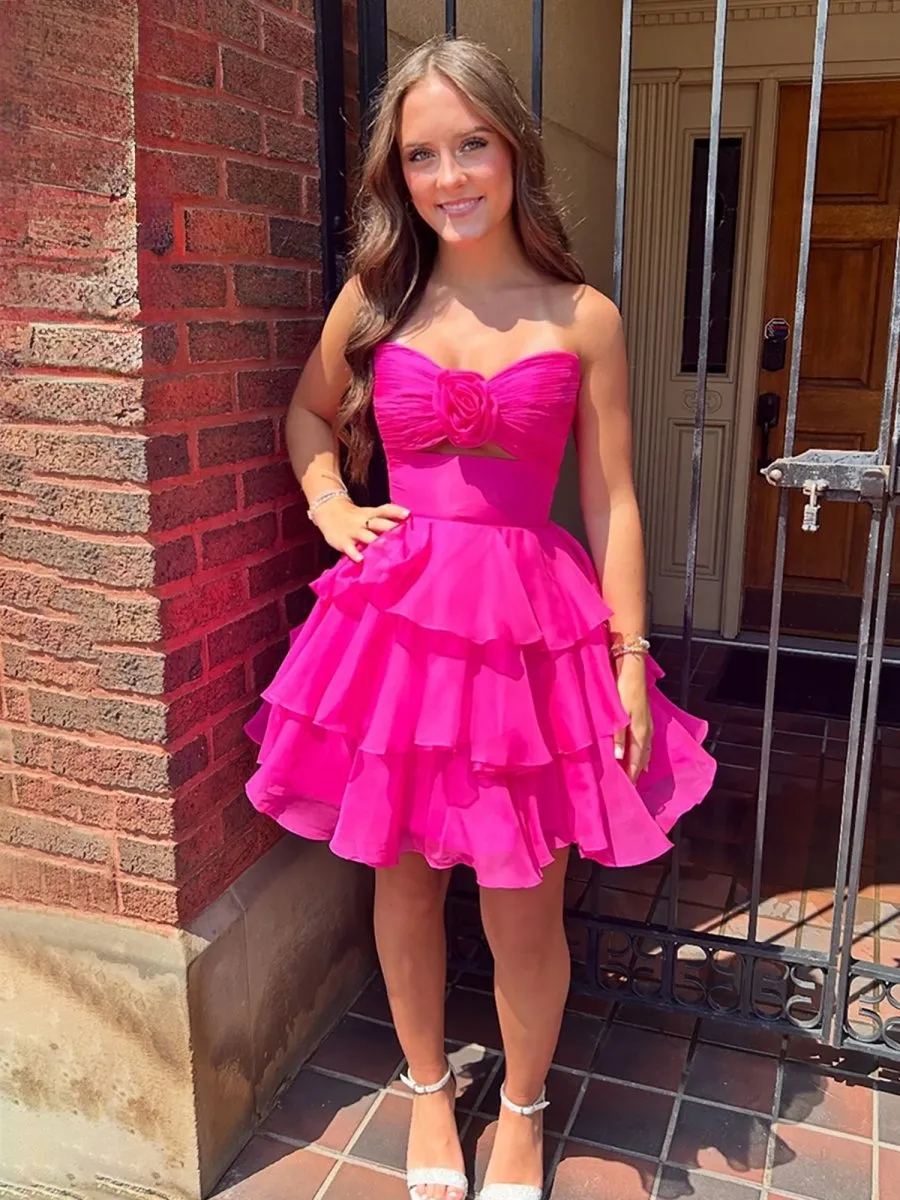 Fenara | Fuchsia - Strapless A Line Chiffon Ruffles Homecoming Dresses With Flower sold by KissProm
