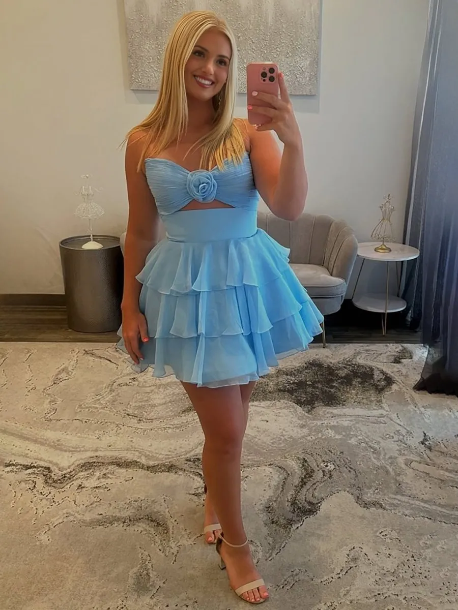 Fenara | Blue - Strapless A Line Chiffon Ruffles Homecoming Dresses With Flower sold by KissProm