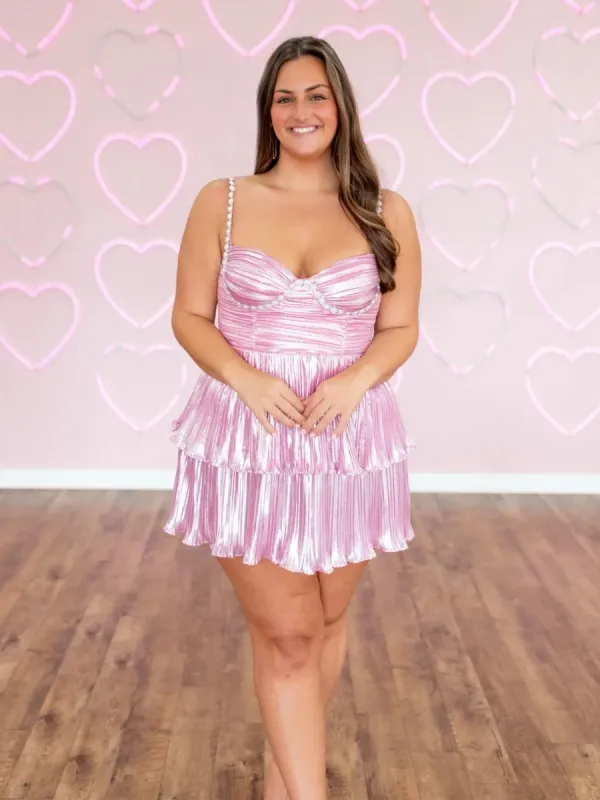 Isabeau | Pink - Spaghetti Straps A Line Metallic Pleated Short Homecoming Dresses With Beading sold by KissProm
