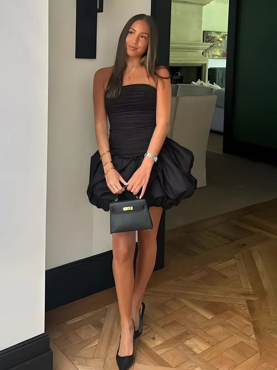 Black - Sheath Strapless Satin Ruched Homecoming Dresses sold by KissProm