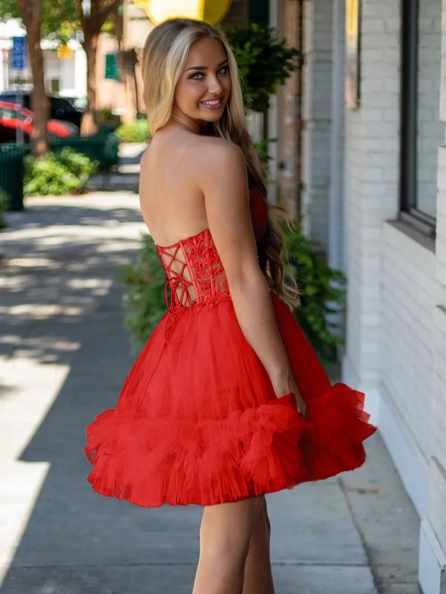 Red - A-Line Sweetheart Ruffle Tulle Homecoming Dress With Appliques sold by KissProm product image thumbnail 2
