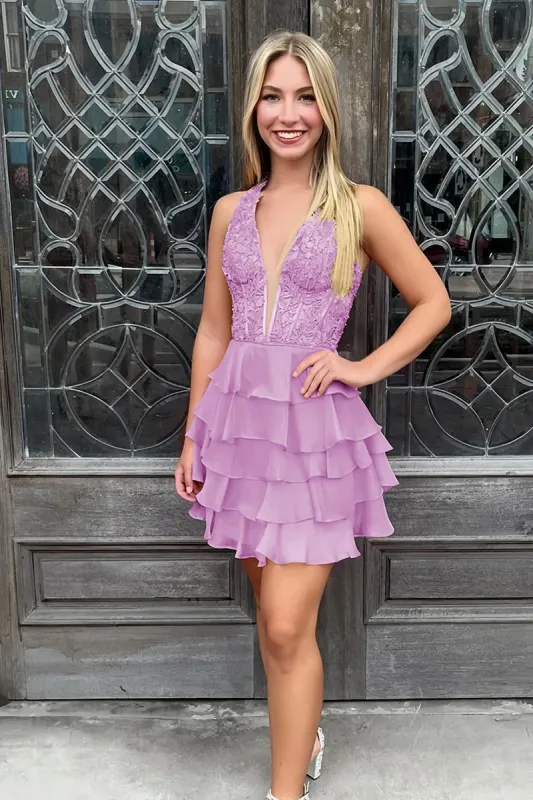 Everett | Lilac - Halter Lace and Chiffon Ruffle Homecoming Dress sold by KissProm