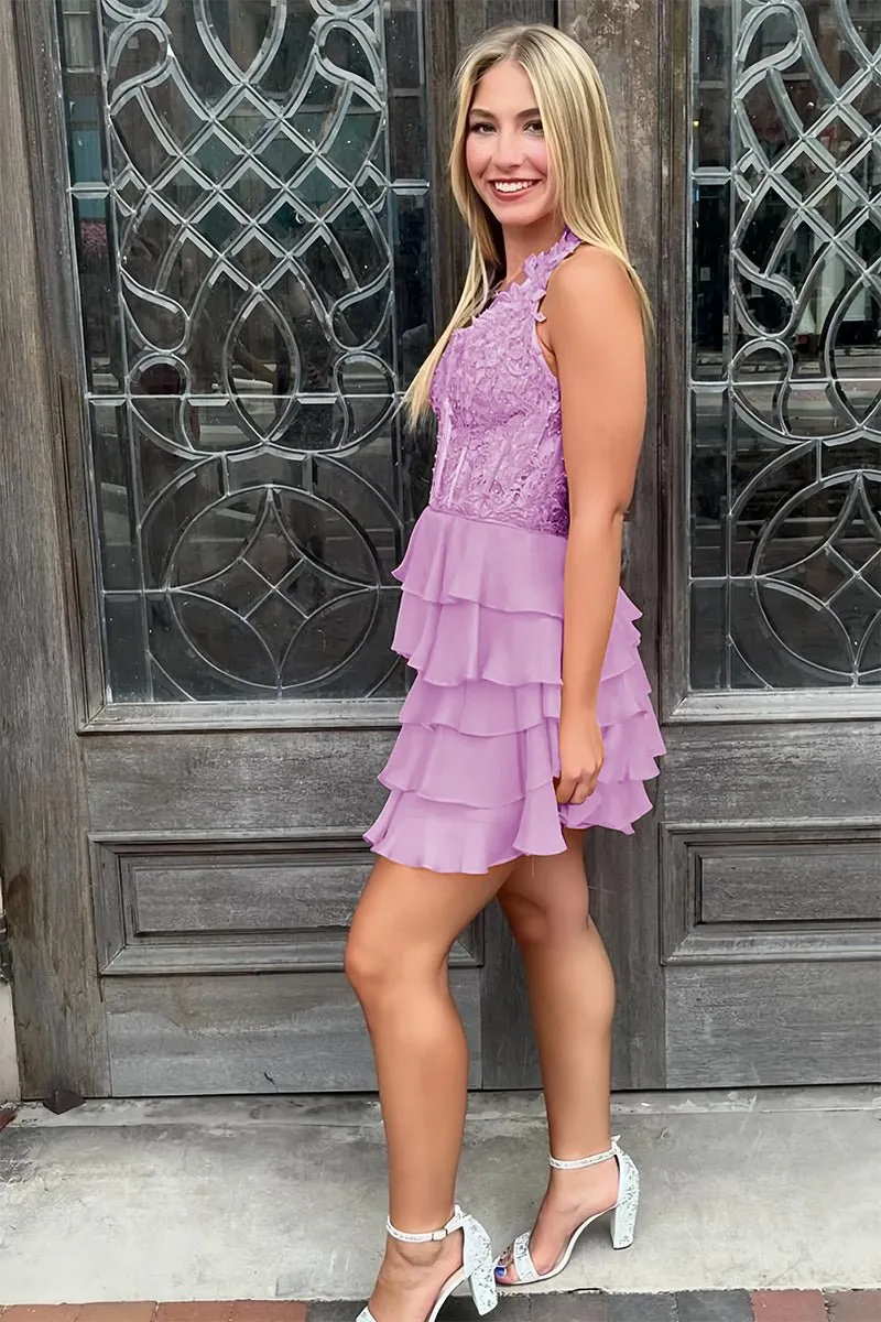 Lilac - Halter Lace and Chiffon Ruffle Homecoming Dress sold by KissProm product image thumbnail 2