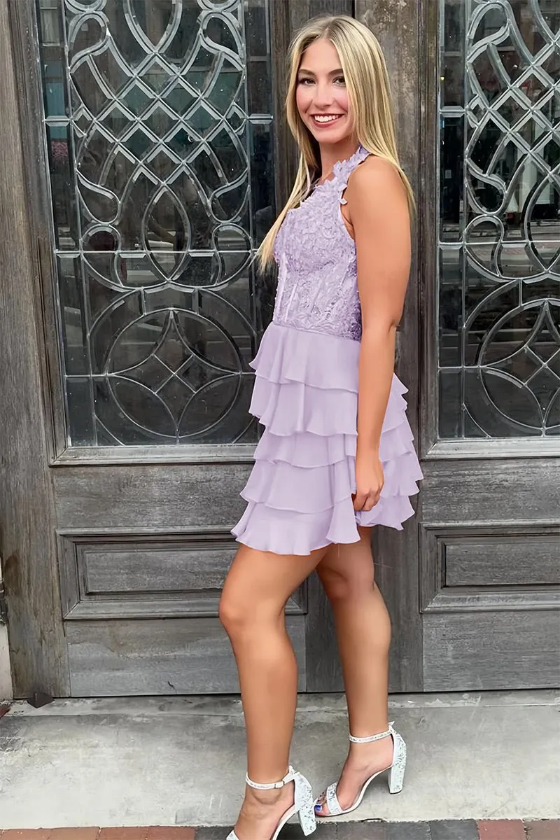 Everett | Lavender - Halter Lace and Chiffon Ruffle Homecoming Dress sold by KissProm product image thumbnail 2