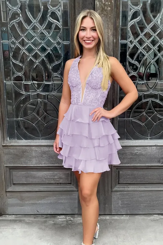 Everett | Lavender - Halter Lace and Chiffon Ruffle Homecoming Dress sold by KissProm