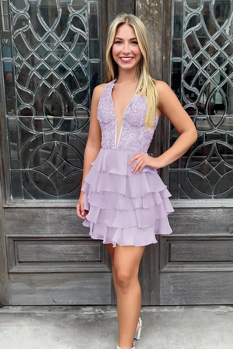 Everett | Lavender - Halter Lace and Chiffon Ruffle Homecoming Dress sold by KissProm