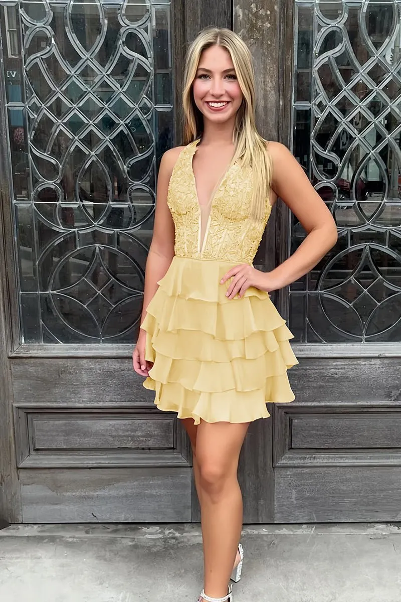 Everett | Yellow - Halter Lace and Chiffon Ruffle Homecoming Dress sold by KissProm