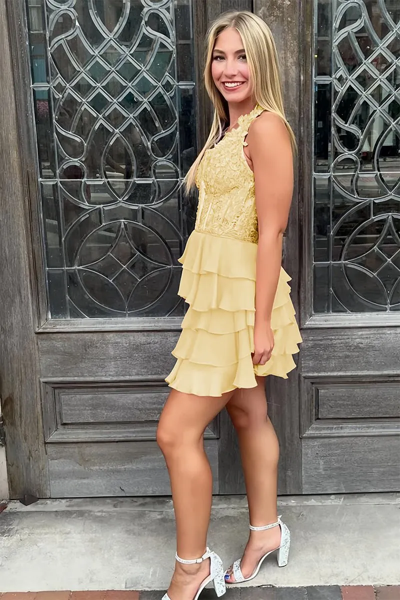 Everett | Yellow - Halter Lace and Chiffon Ruffle Homecoming Dress sold by KissProm product image thumbnail 2