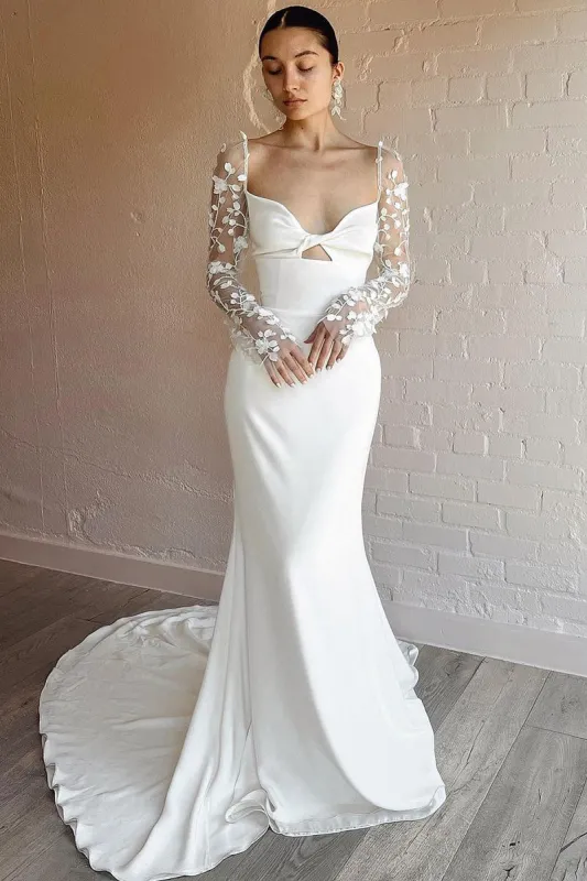 Elegant Mermaid Sweetheart Satin Long Wedding Dresses with Long Sleeves sold by KissProm