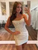 Delmira | Champagne - Strapless Bodycon Satin Pleated Short Homecoming Dresses With Beading sold by KissProm