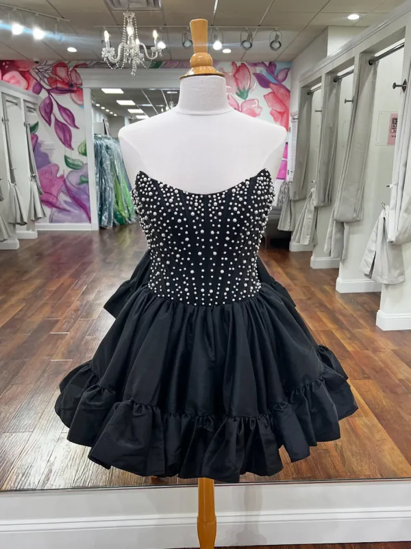 Olira | Black - Strapless A Line Satin Ruffles Homecoming Dresses With Pearls sold by KissProm