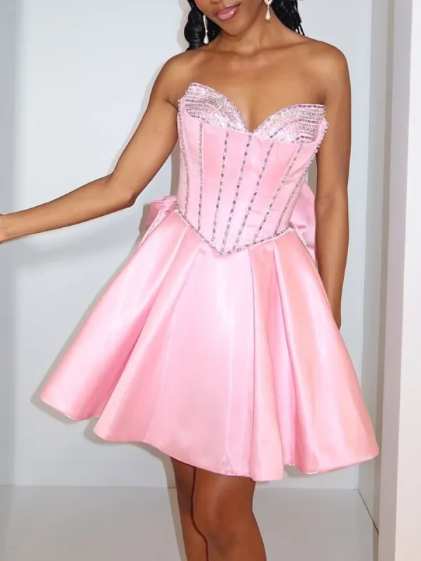 Melantha | Pink - Strapless  Satin A Line Beaded Homecoming Dress With Bow sold by KissProm