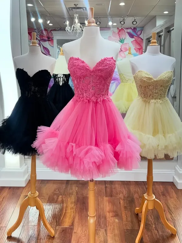Oakeson | Hot-Pink - A-Line Sweetheart Ruffle Tulle Homecoming Dress With Appliques sold by KissProm